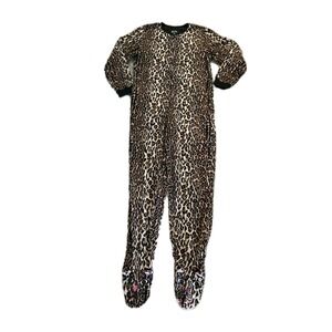 Nick & Nora Adult M One Piece Footie Pajamas Zip Fleece Leopard Print Sleepwear
